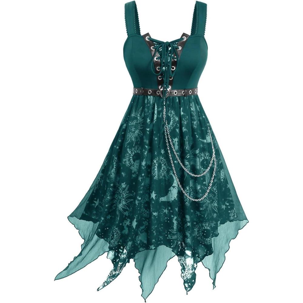 image:imageROSE GAL Women Plus Size Sun Moon Star Goth Dress Chains Laceup Grommet Sleeveless Midi DressGreen2