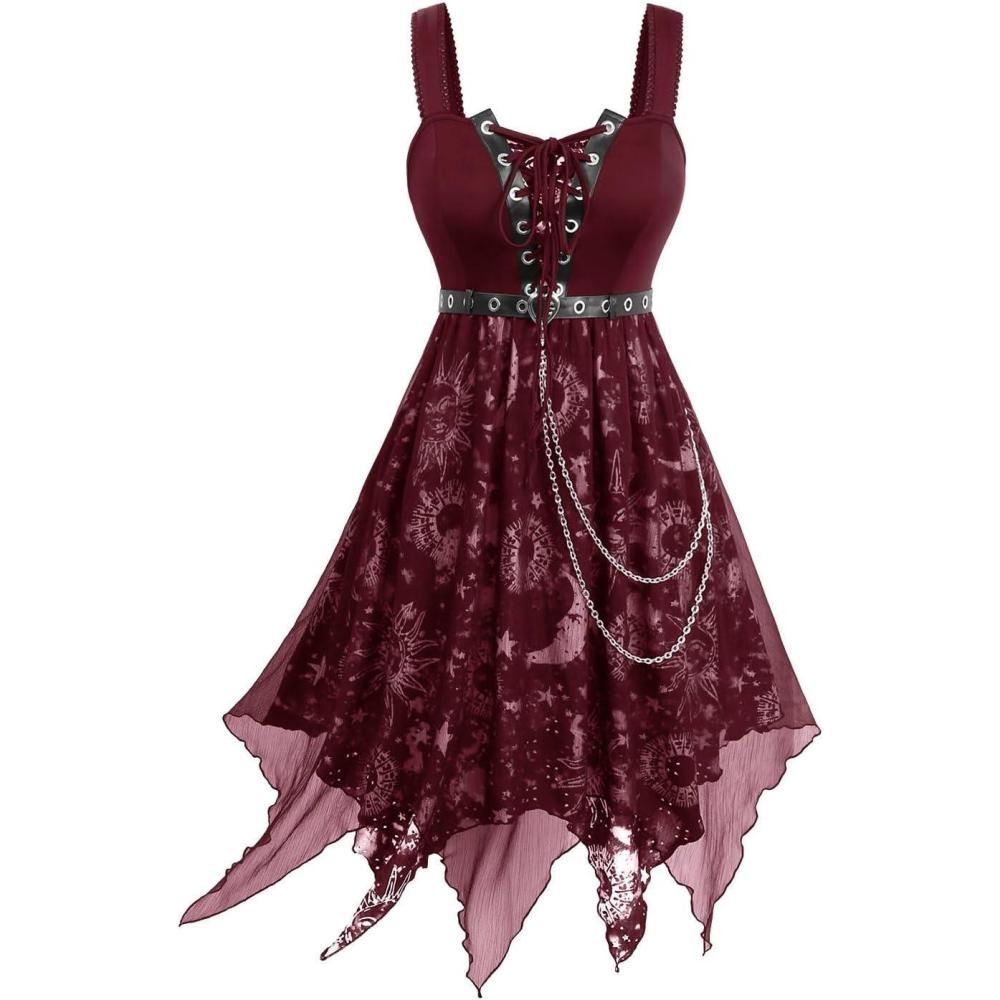 image:imageROSE GAL Women Plus Size Sun Moon Star Goth Dress Chains Laceup Grommet Sleeveless Midi DressRed1