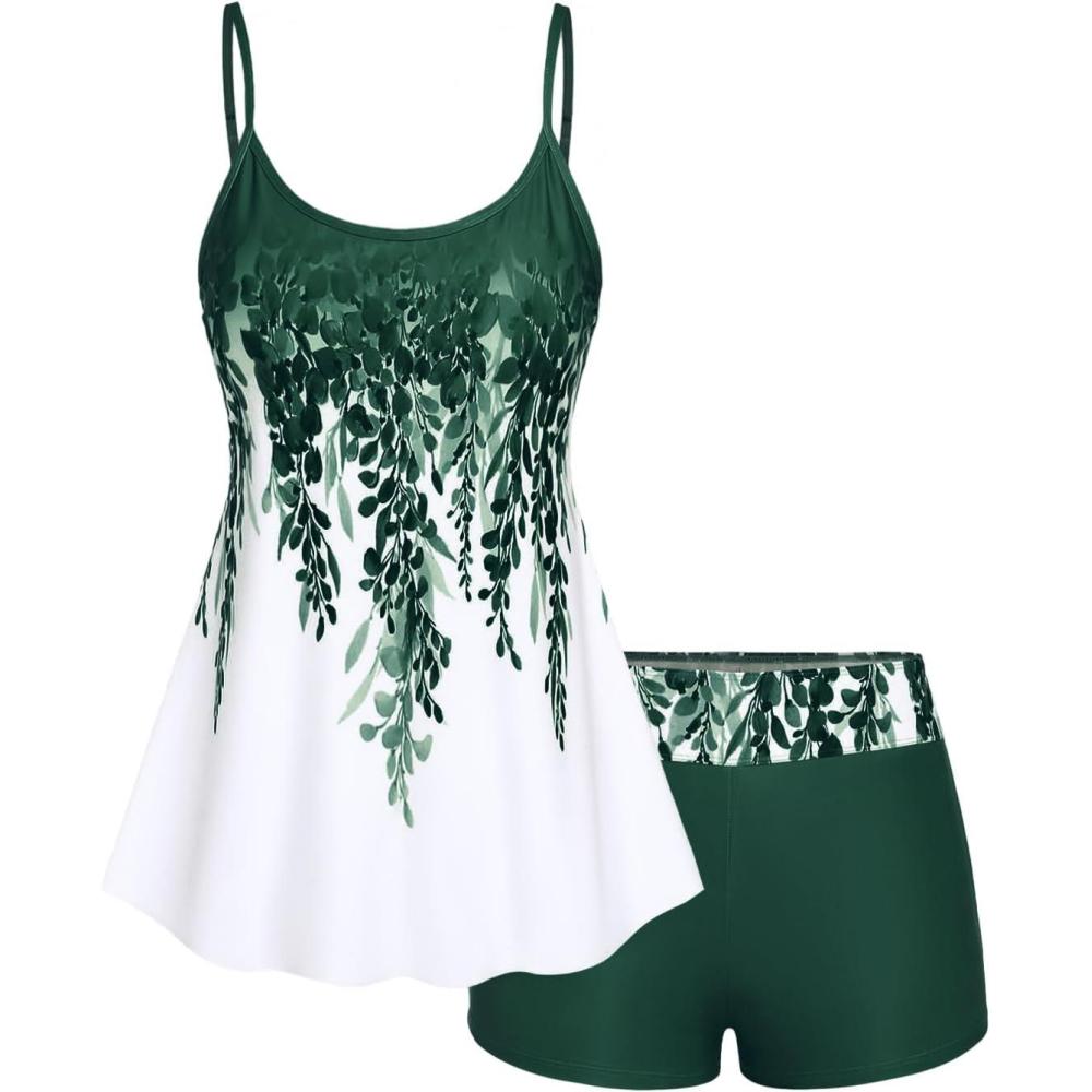 image:imageROSE GAL Women Plus Size Two Piece Modest Tankini Swimsuit Floral Ombre Boyleg Padded TankiniGreen1