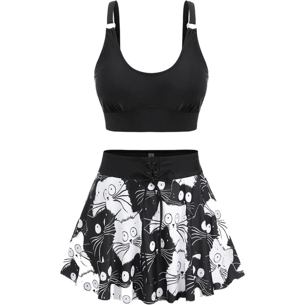 image:imageROSE GAL Women Plus Size Two Piece Tankini Swimsuit Set Funny Cats Printed 2 Piece Bathing SuitsBlack1