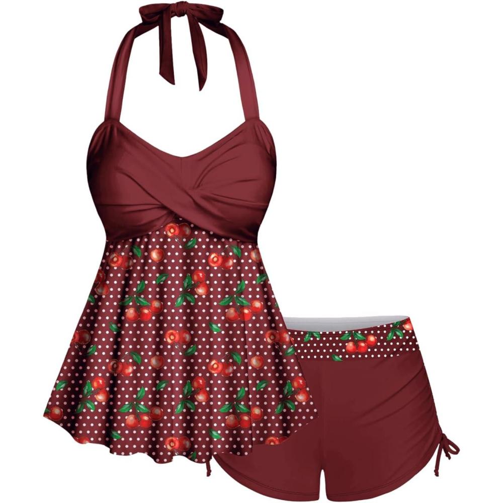 image:imageROSE GAL Women Plus Size Two Piece Tankini Swimsuits Retro Cherry Dots Print Halter Cinched Ruched Modest Bathing SuitsRed