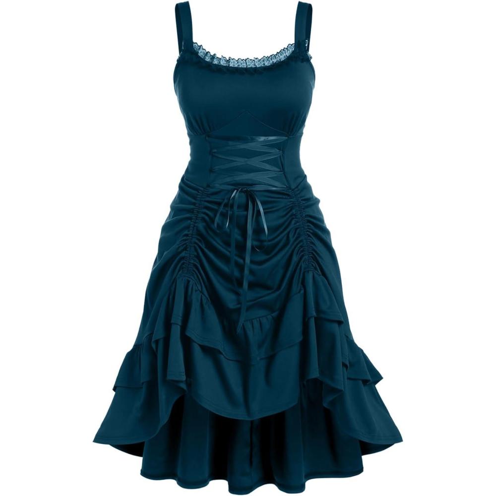 image:imageROSE GAL Women Plus Size Victoria Gothic Lace Trim Laceup Ruffled Cinched Ruched High Low Midi DressBlue1