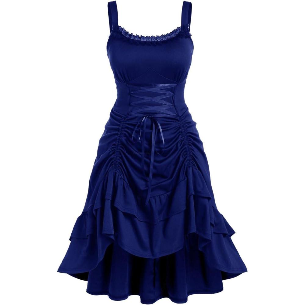 image:imageROSE GAL Women Plus Size Victoria Gothic Lace Trim Laceup Ruffled Cinched Ruched High Low Midi DressBlue2