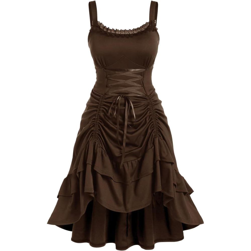 image:imageROSE GAL Women Plus Size Victoria Gothic Lace Trim Laceup Ruffled Cinched Ruched High Low Midi DressCoffee2