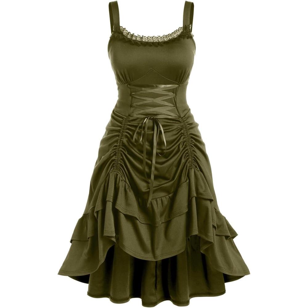 image:imageROSE GAL Women Plus Size Victoria Gothic Lace Trim Laceup Ruffled Cinched Ruched High Low Midi DressGreen1