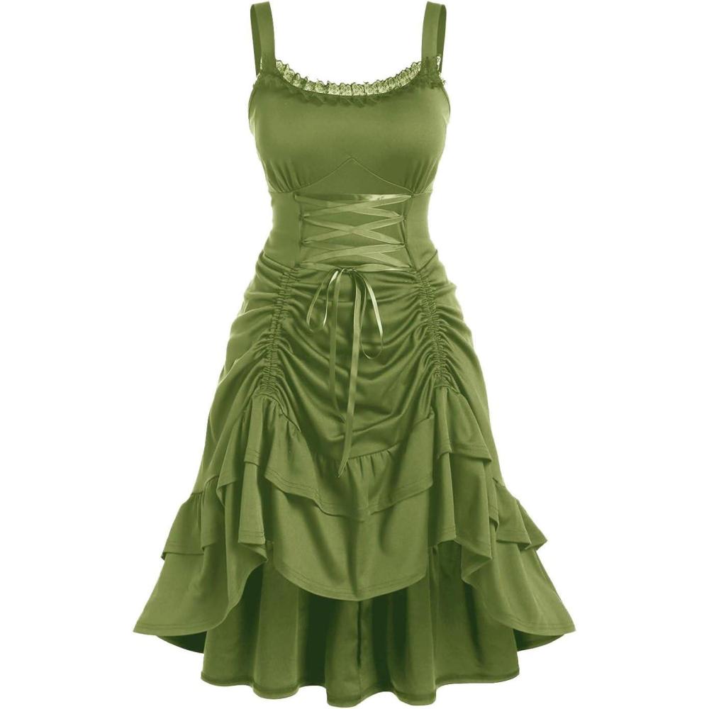 image:imageROSE GAL Women Plus Size Victoria Gothic Lace Trim Laceup Ruffled Cinched Ruched High Low Midi DressGreen2