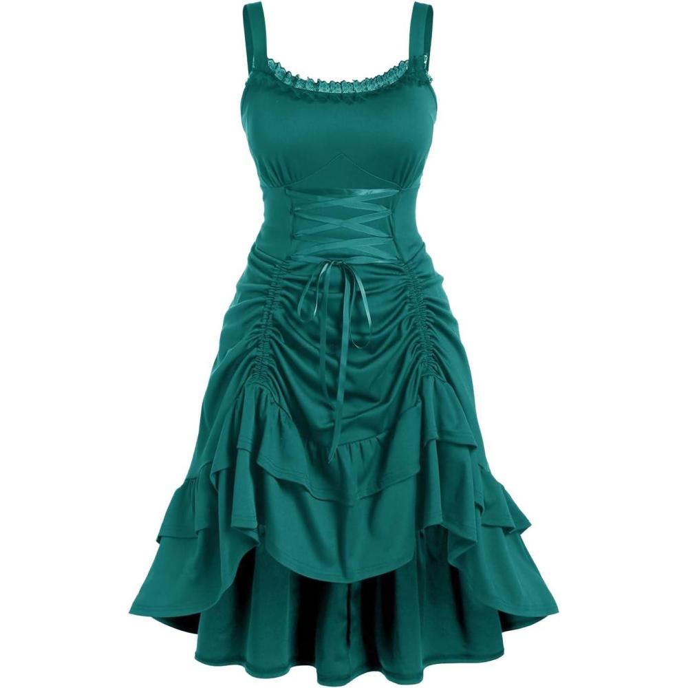 image:imageROSE GAL Women Plus Size Victoria Gothic Lace Trim Laceup Ruffled Cinched Ruched High Low Midi DressGreen3