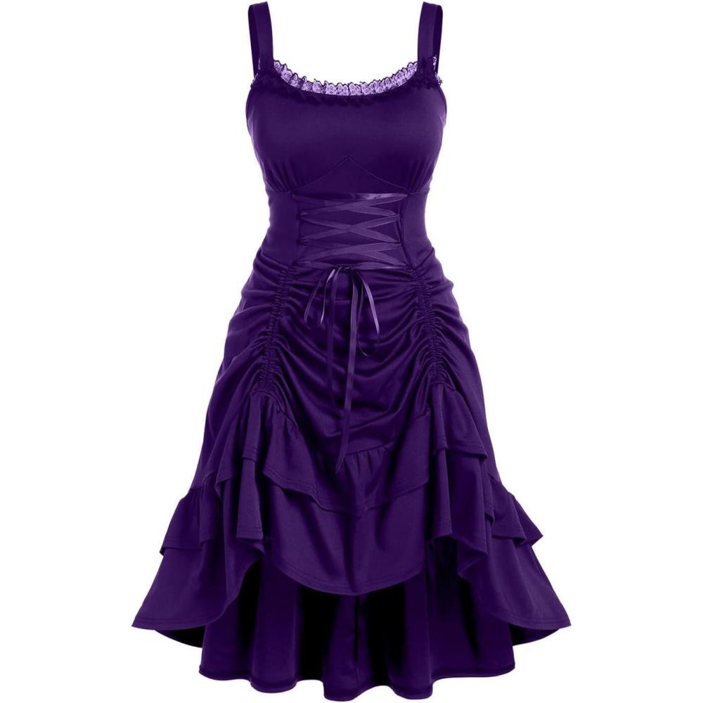 image:imageROSE GAL Women Plus Size Victoria Gothic Lace Trim Laceup Ruffled Cinched Ruched High Low Midi DressPurple1