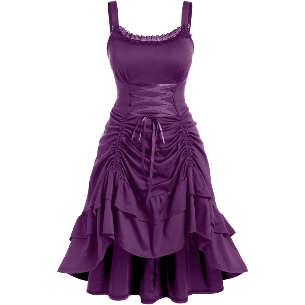 image:imageROSE GAL Women Plus Size Victoria Gothic Lace Trim Laceup Ruffled Cinched Ruched High Low Midi DressPurple2