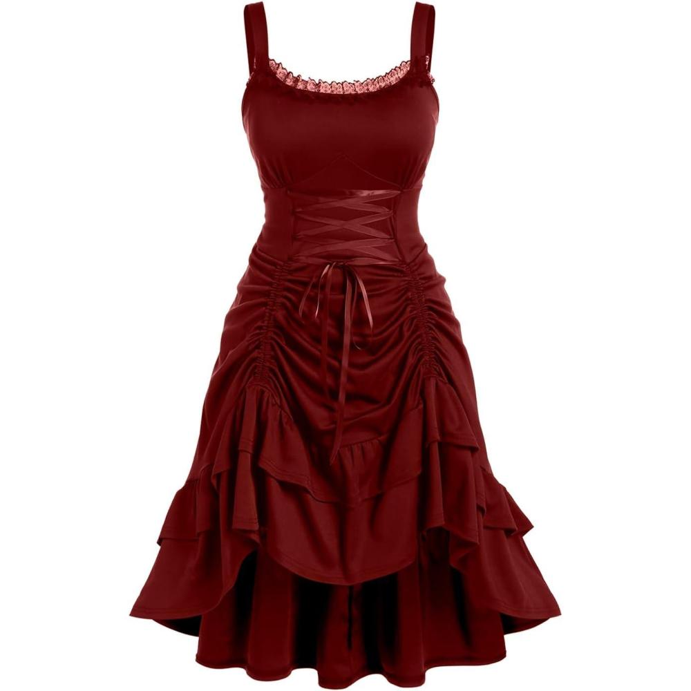 image:imageROSE GAL Women Plus Size Victoria Gothic Lace Trim Laceup Ruffled Cinched Ruched High Low Midi DressRed1