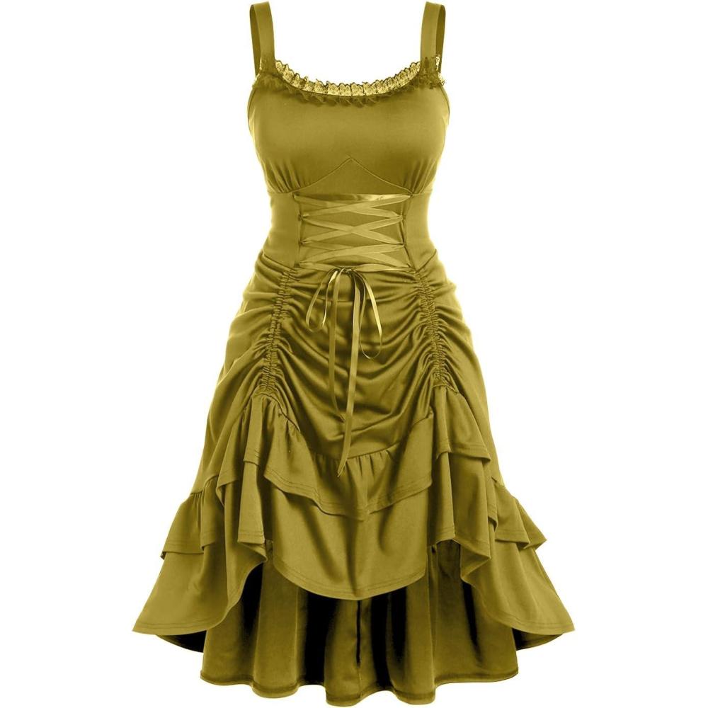 image:imageROSE GAL Women Plus Size Victoria Gothic Lace Trim Laceup Ruffled Cinched Ruched High Low Midi DressYellow1