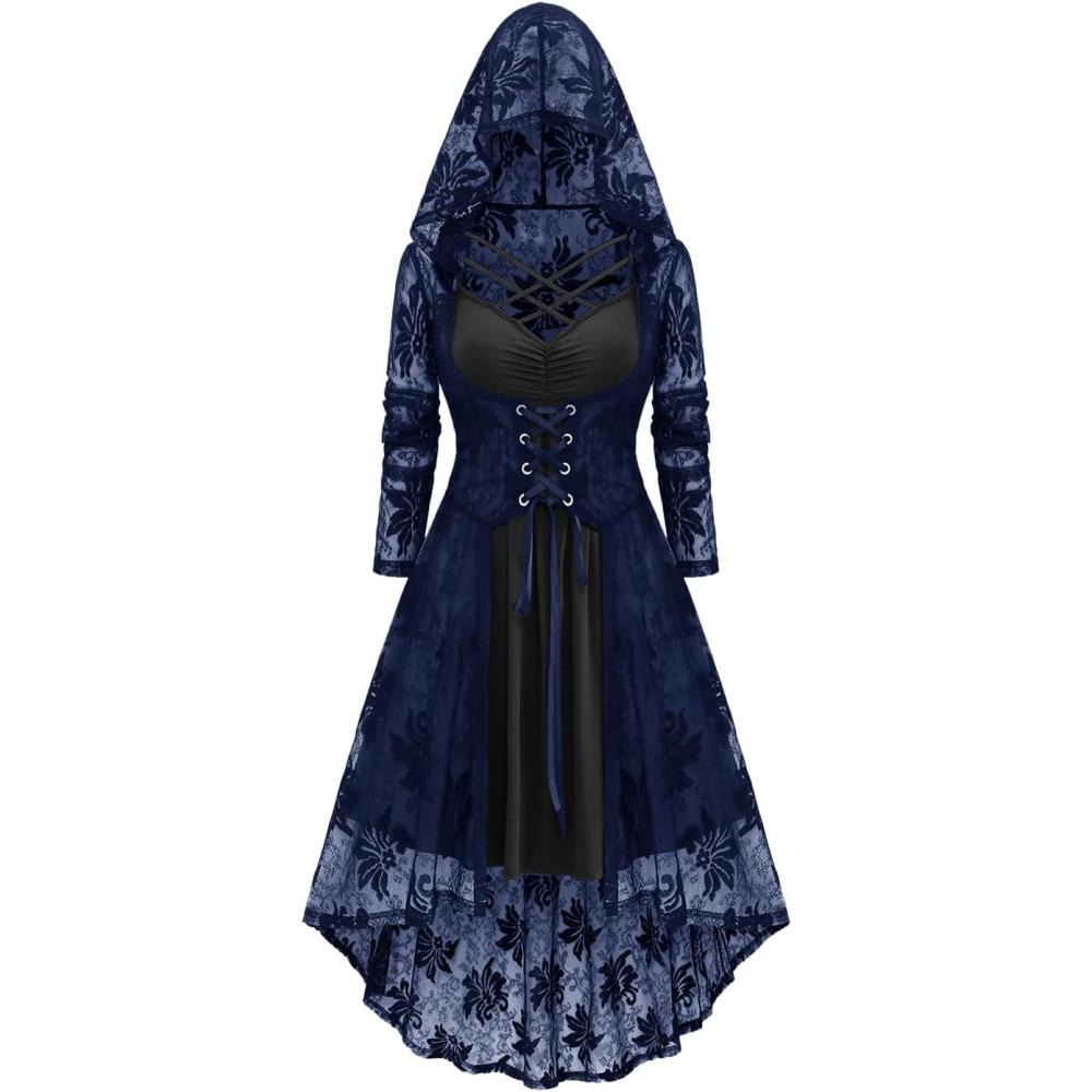 image:imageROSE GAL Womens Plus Size 2pcs Witch Halloween Costume Gothic Lace Hooded DressBlue1