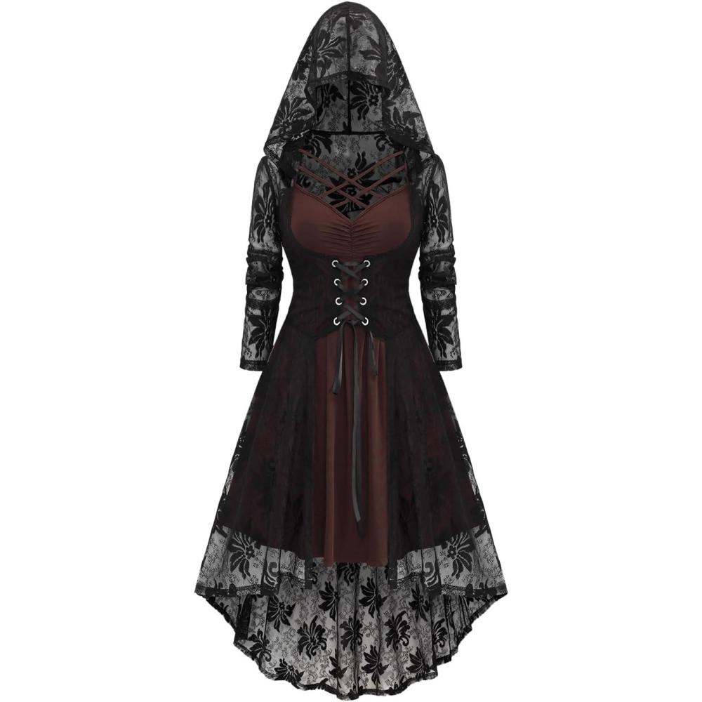 image:imageROSE GAL Womens Plus Size 2pcs Witch Halloween Costume Gothic Lace Hooded DressCoffee