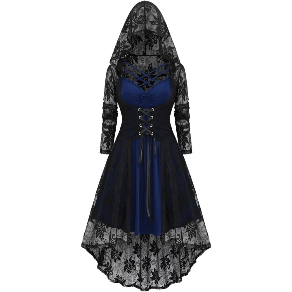 image:imageROSE GAL Womens Plus Size 2pcs Witch Halloween Costume Gothic Lace Hooded DressDeep Blue