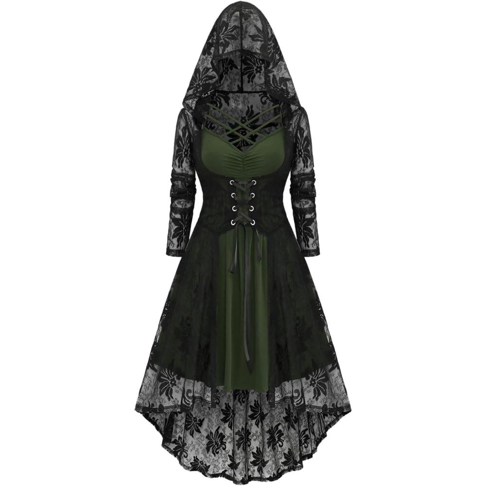 image:imageROSE GAL Womens Plus Size 2pcs Witch Halloween Costume Gothic Lace Hooded DressDeep Green