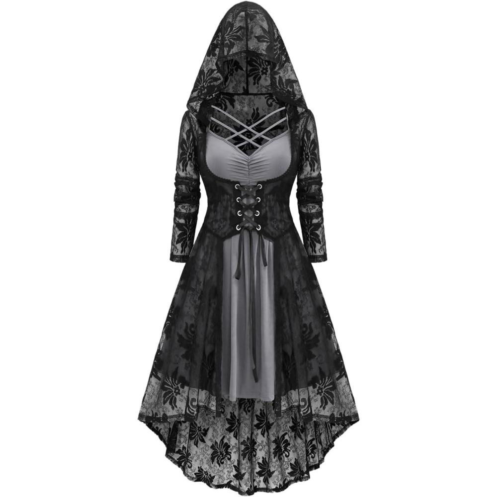 image:imageROSE GAL Womens Plus Size 2pcs Witch Halloween Costume Gothic Lace Hooded DressGray