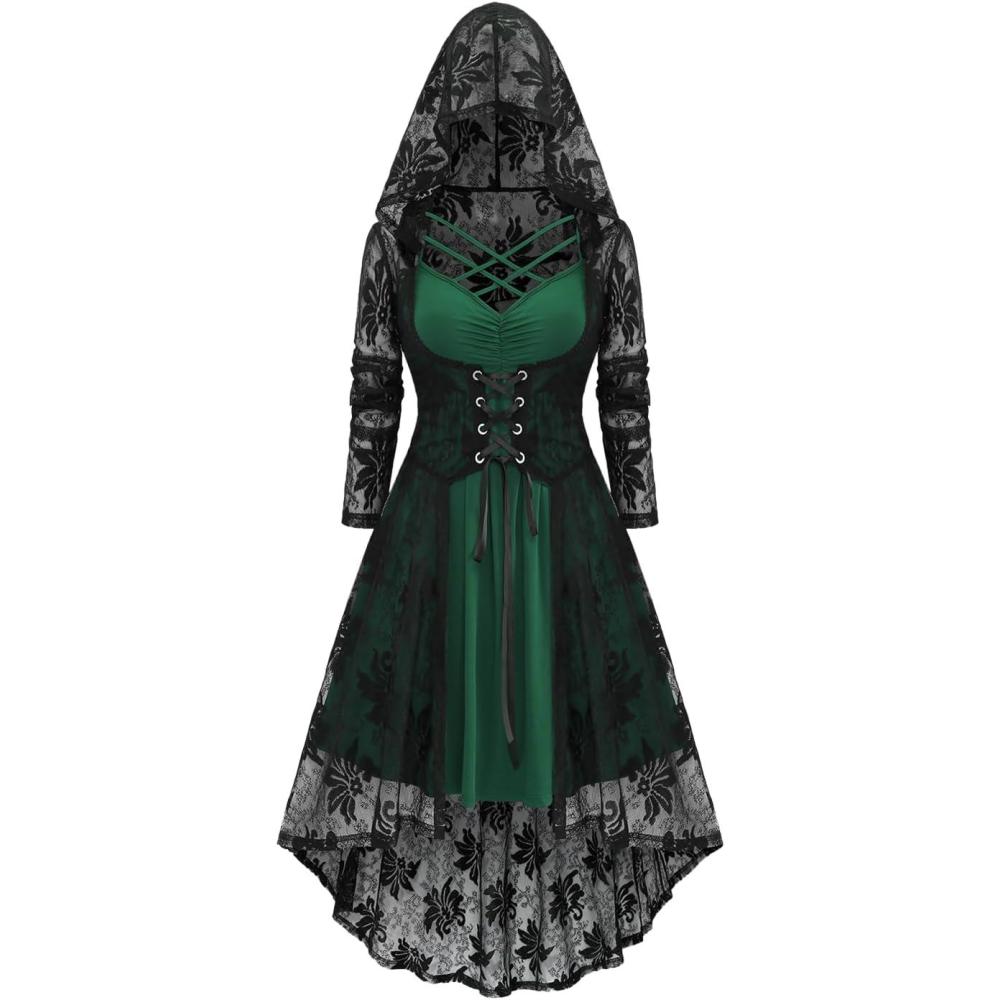 image:imageROSE GAL Womens Plus Size 2pcs Witch Halloween Costume Gothic Lace Hooded DressGreen
