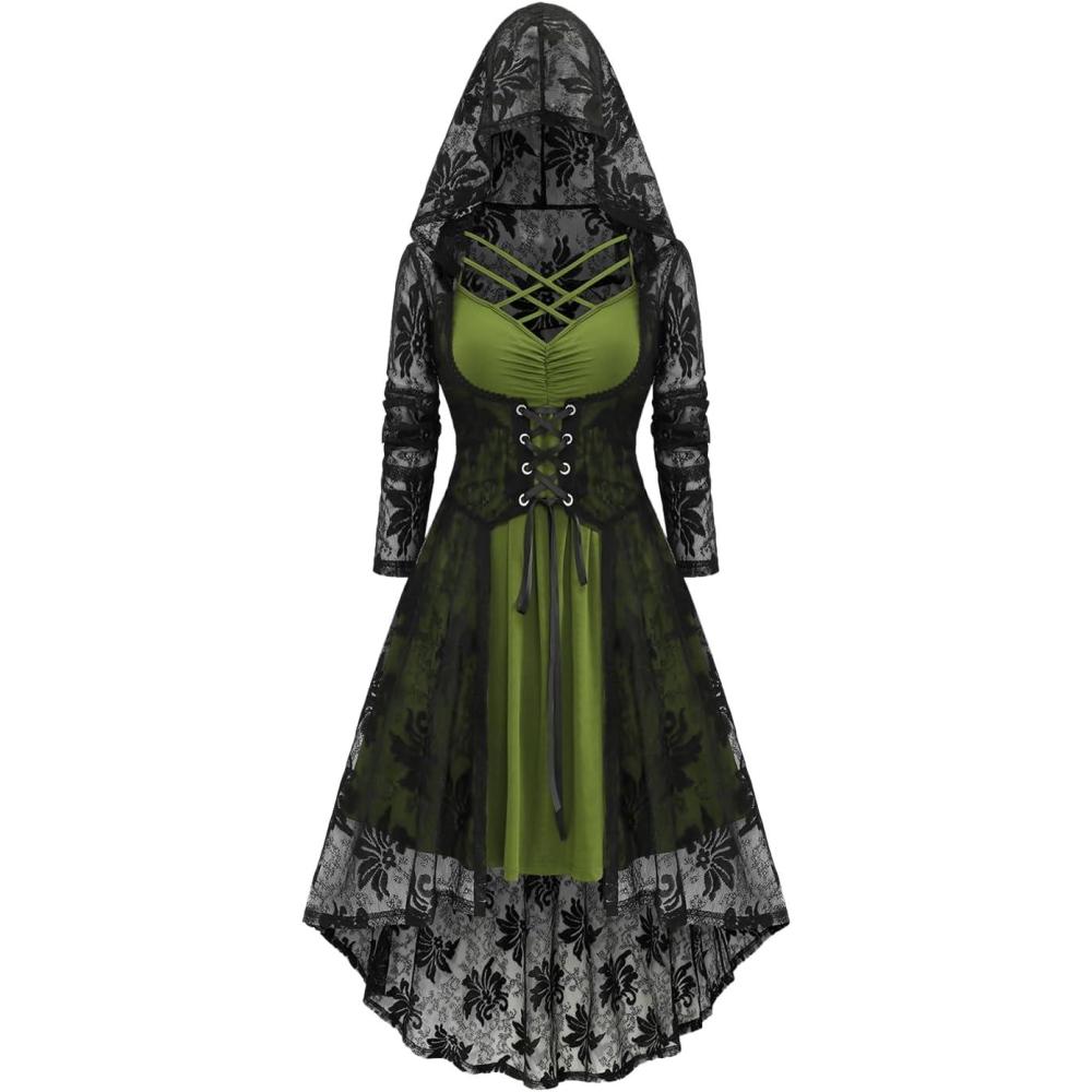 image:imageROSE GAL Womens Plus Size 2pcs Witch Halloween Costume Gothic Lace Hooded DressGreen1
