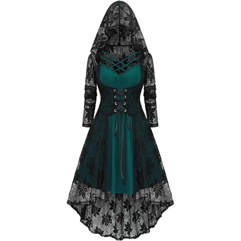 image:imageROSE GAL Womens Plus Size 2pcs Witch Halloween Costume Gothic Lace Hooded DressGreen2