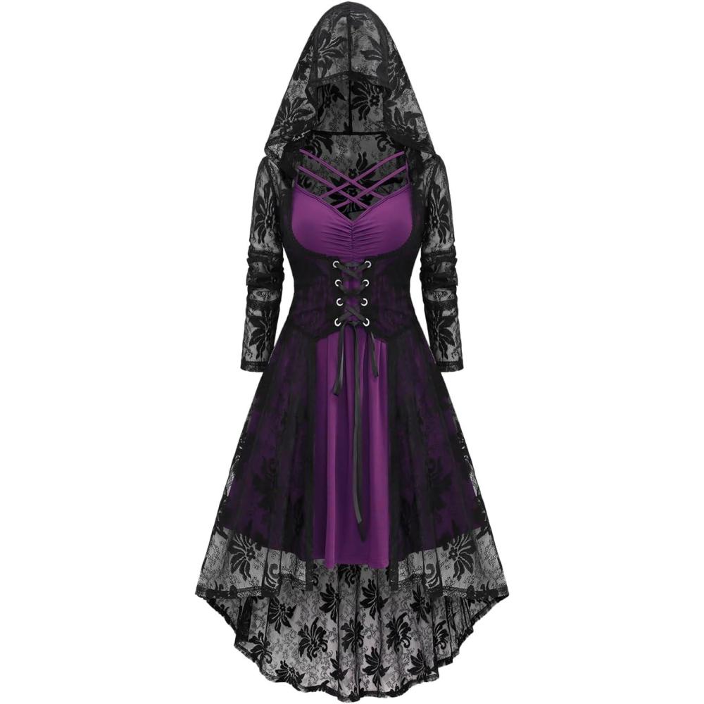 image:imageROSE GAL Womens Plus Size 2pcs Witch Halloween Costume Gothic Lace Hooded DressPurple