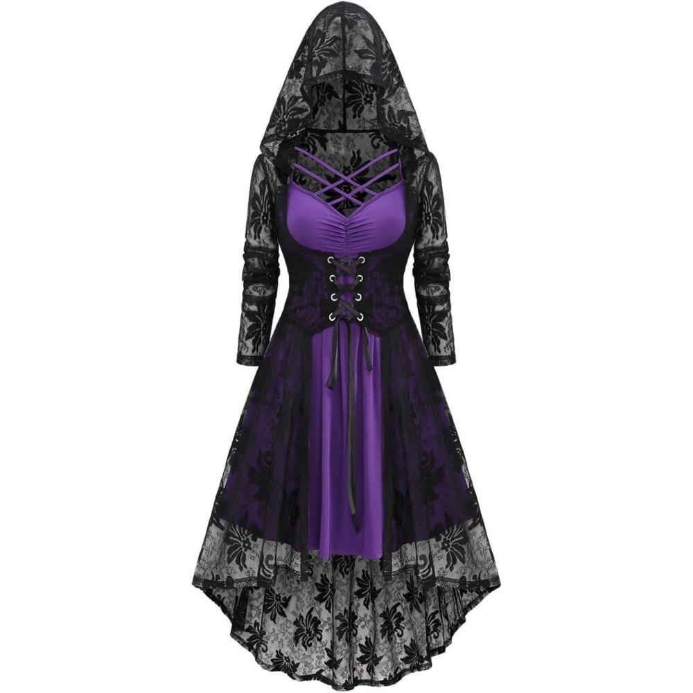 image:imageROSE GAL Womens Plus Size 2pcs Witch Halloween Costume Gothic Lace Hooded DressPurple4