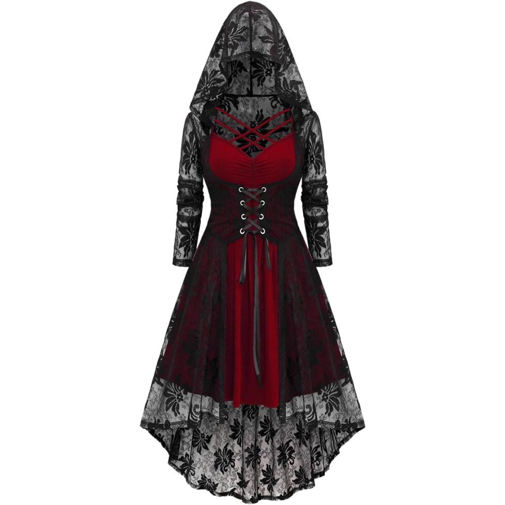 image:imageROSE GAL Womens Plus Size 2pcs Witch Halloween Costume Gothic Lace Hooded DressRed