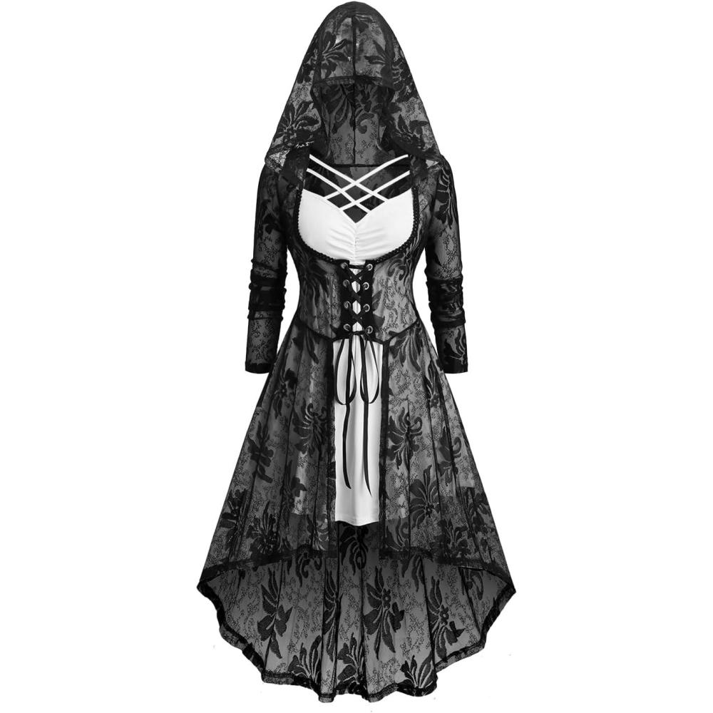 image:imageROSE GAL Womens Plus Size 2pcs Witch Halloween Costume Gothic Lace Hooded DressWhite