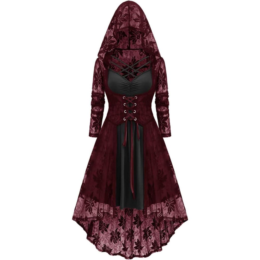 image:imageROSE GAL Womens Plus Size 2pcs Witch Halloween Costume Gothic Lace Hooded DressWine Red