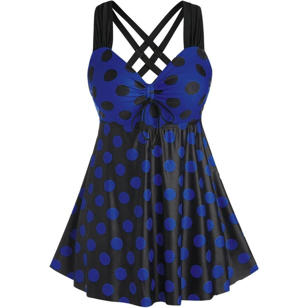 image:imageROSE GAL Womens Plus Size Curve Cinched Polka Dot Crisscross Tankini Swimsuit SetBlue1
