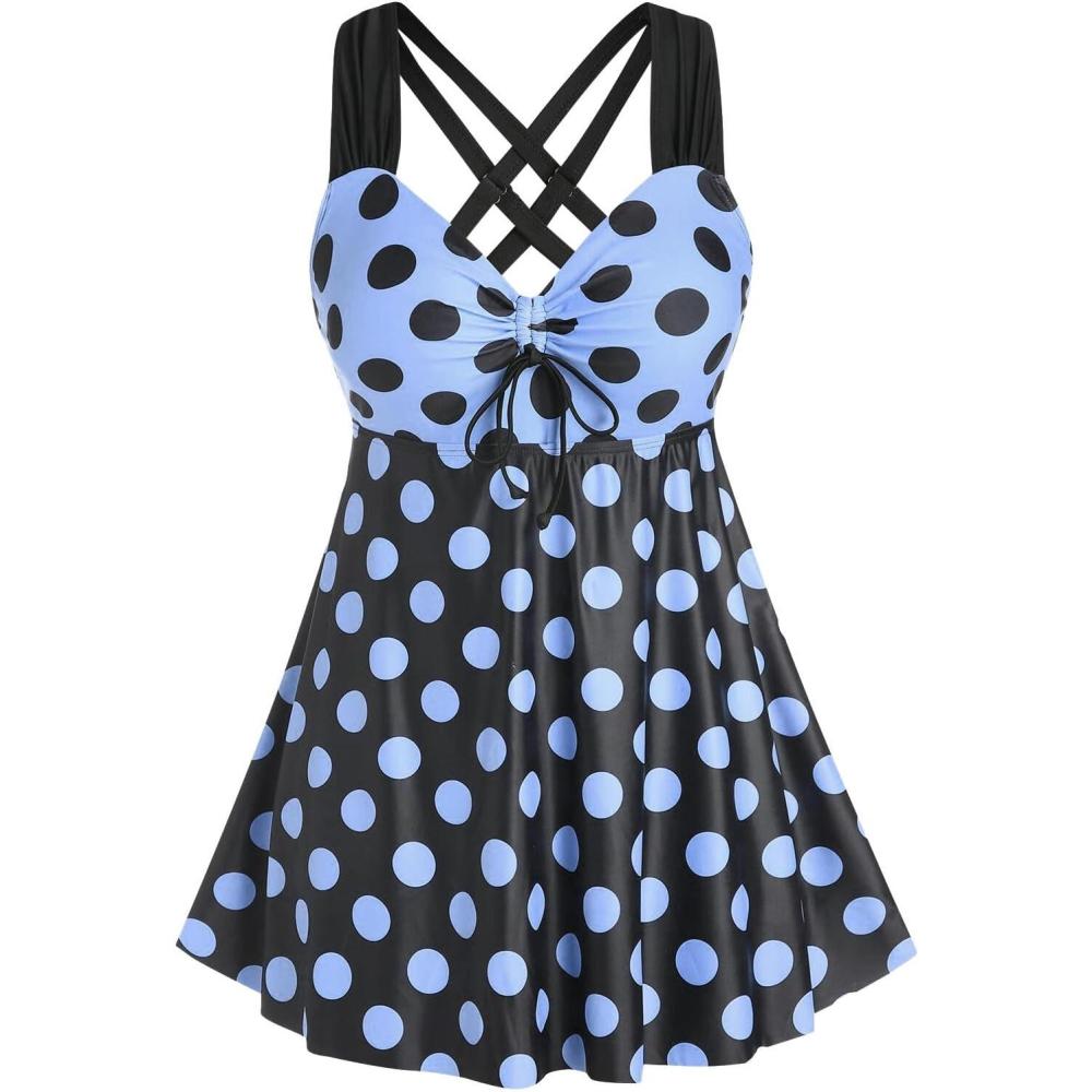 image:imageROSE GAL Womens Plus Size Curve Cinched Polka Dot Crisscross Tankini Swimsuit SetBlue2