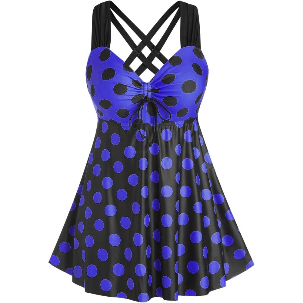 image:imageROSE GAL Womens Plus Size Curve Cinched Polka Dot Crisscross Tankini Swimsuit SetBlue3