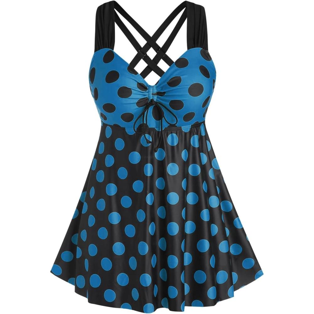 image:imageROSE GAL Womens Plus Size Curve Cinched Polka Dot Crisscross Tankini Swimsuit SetBlue5