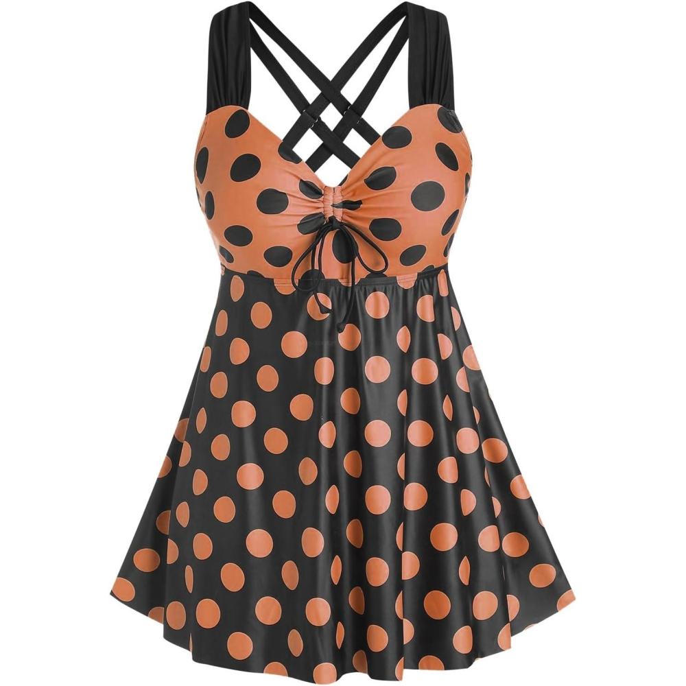 image:imageROSE GAL Womens Plus Size Curve Cinched Polka Dot Crisscross Tankini Swimsuit SetCoffee1