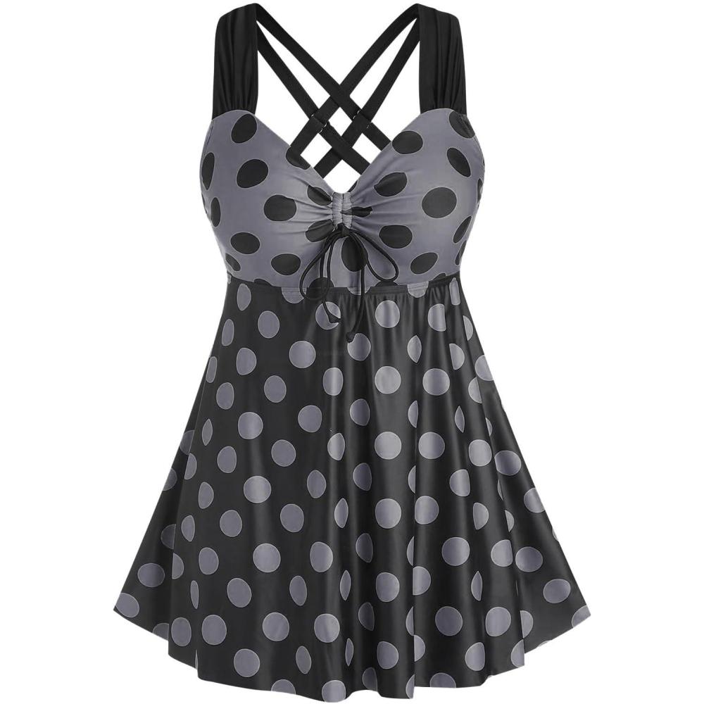 image:imageROSE GAL Womens Plus Size Curve Cinched Polka Dot Crisscross Tankini Swimsuit SetGray1