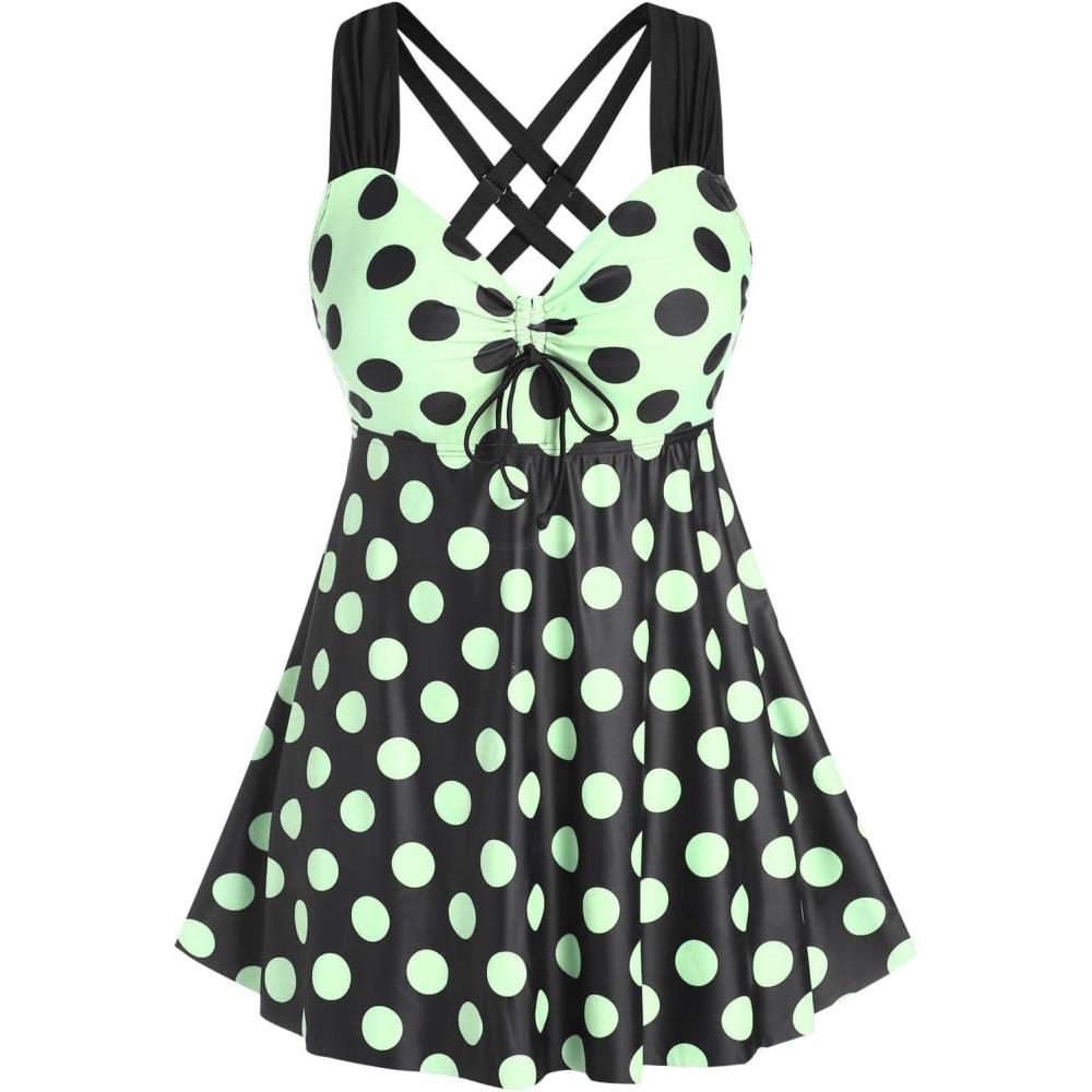 image:imageROSE GAL Womens Plus Size Curve Cinched Polka Dot Crisscross Tankini Swimsuit SetGreen1