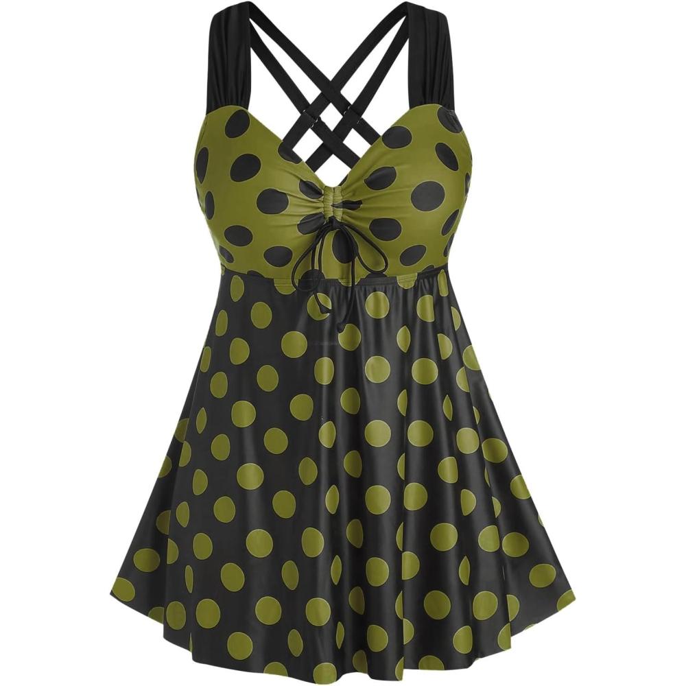 image:imageROSE GAL Womens Plus Size Curve Cinched Polka Dot Crisscross Tankini Swimsuit SetGreen2