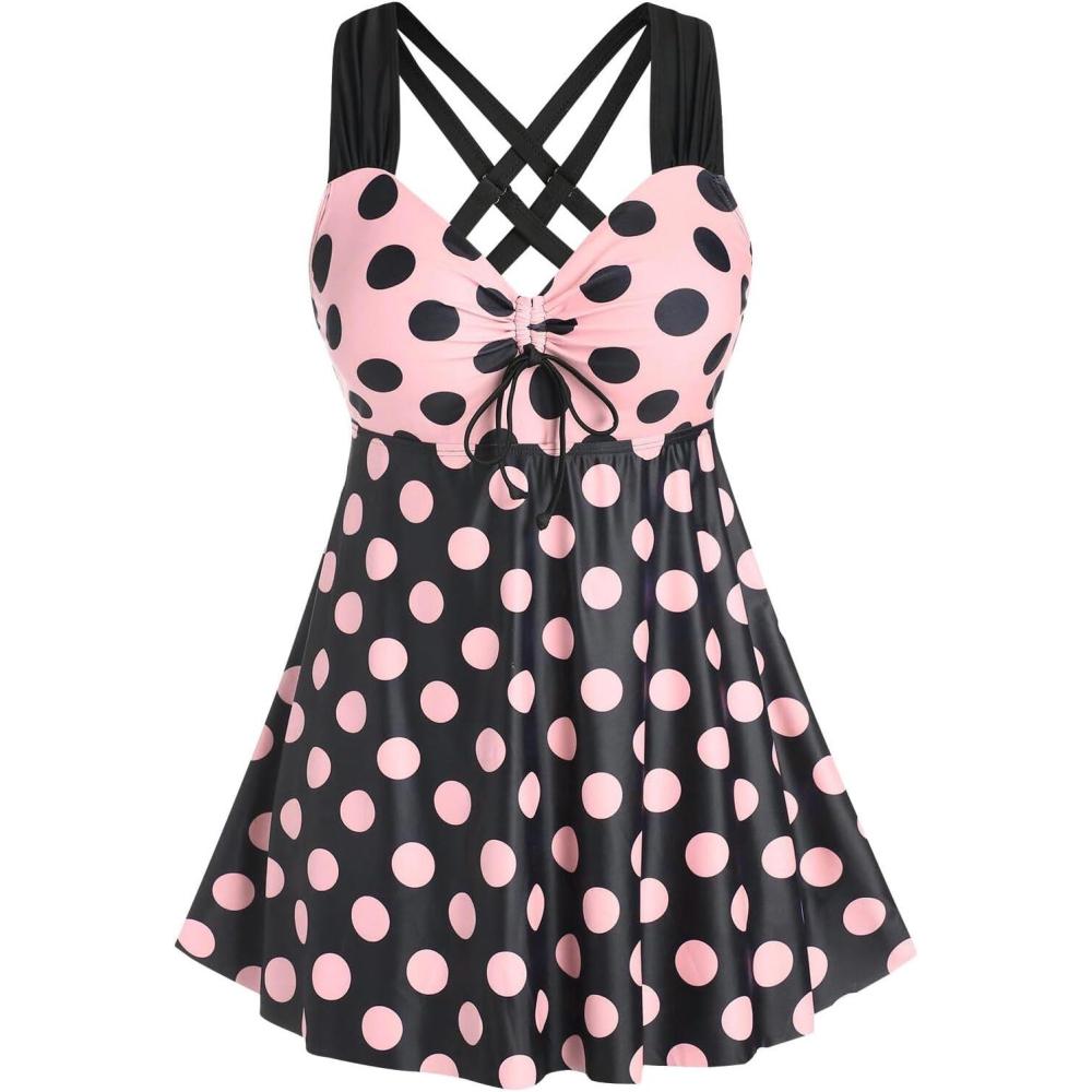 image:imageROSE GAL Womens Plus Size Curve Cinched Polka Dot Crisscross Tankini Swimsuit SetPink1