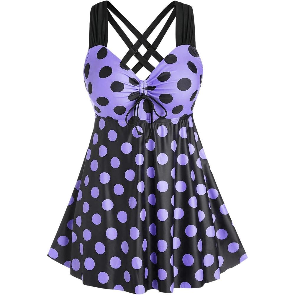 image:imageROSE GAL Womens Plus Size Curve Cinched Polka Dot Crisscross Tankini Swimsuit SetPurple1