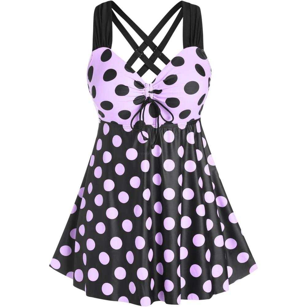 image:imageROSE GAL Womens Plus Size Curve Cinched Polka Dot Crisscross Tankini Swimsuit SetPurple3