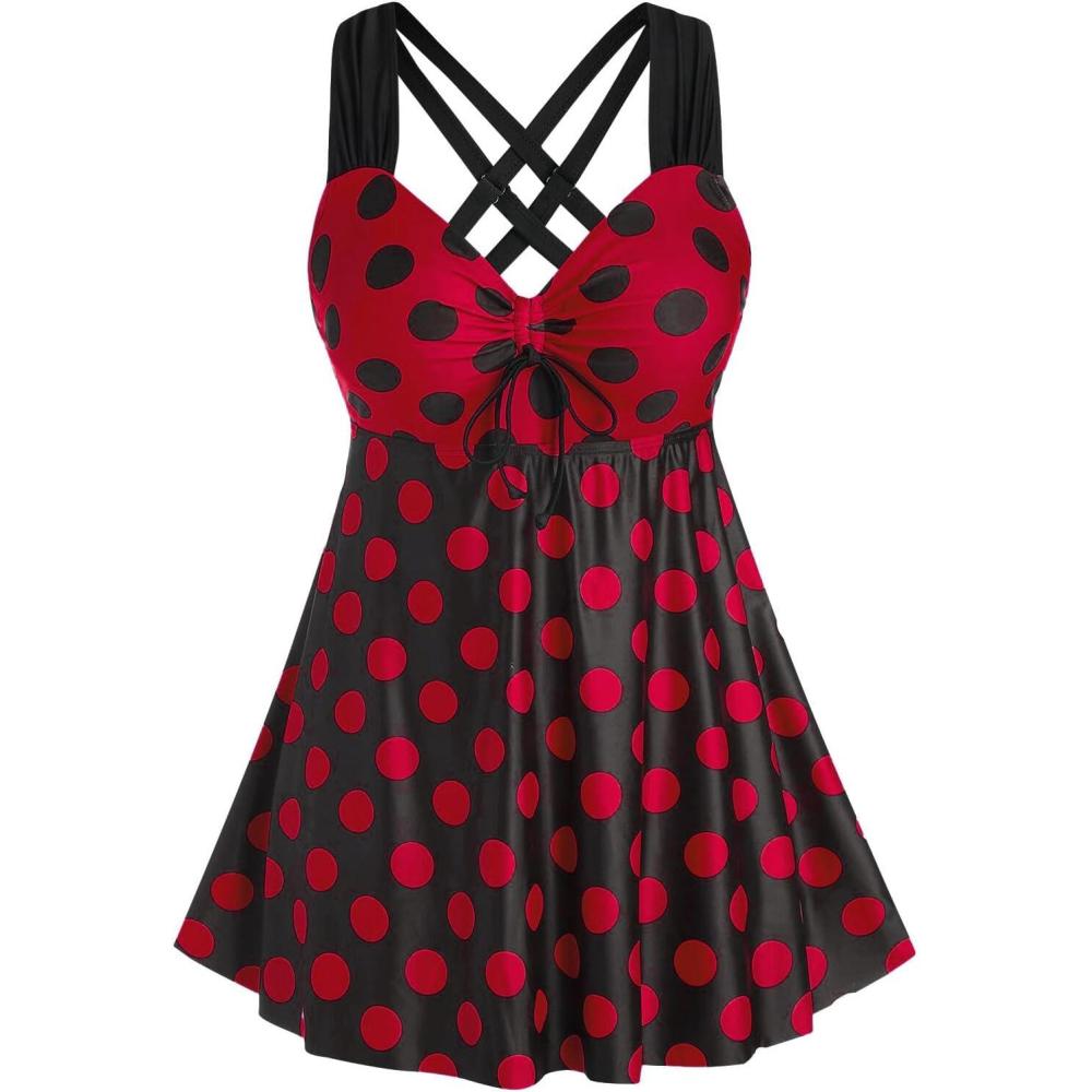 image:imageROSE GAL Womens Plus Size Curve Cinched Polka Dot Crisscross Tankini Swimsuit SetRed1