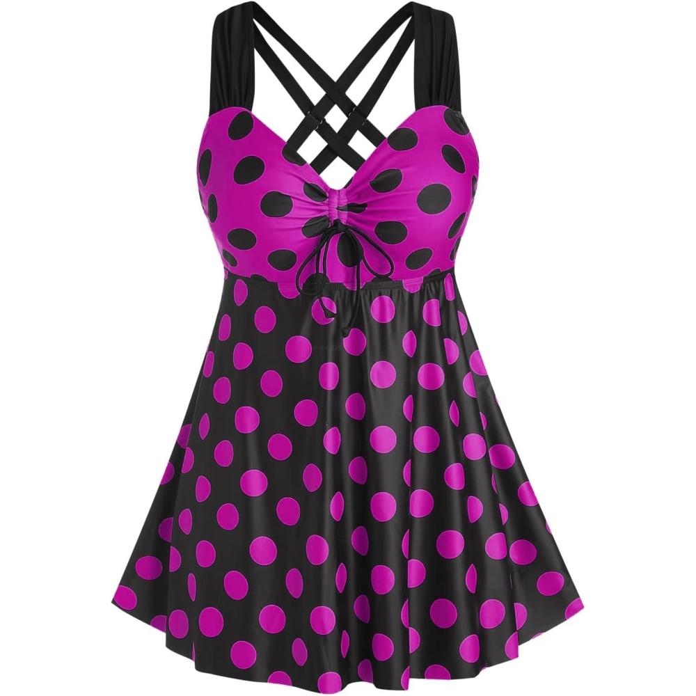 image:imageROSE GAL Womens Plus Size Curve Cinched Polka Dot Crisscross Tankini Swimsuit SetRed2