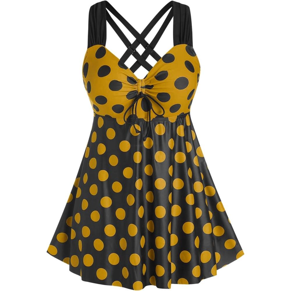 image:imageROSE GAL Womens Plus Size Curve Cinched Polka Dot Crisscross Tankini Swimsuit SetYellow2