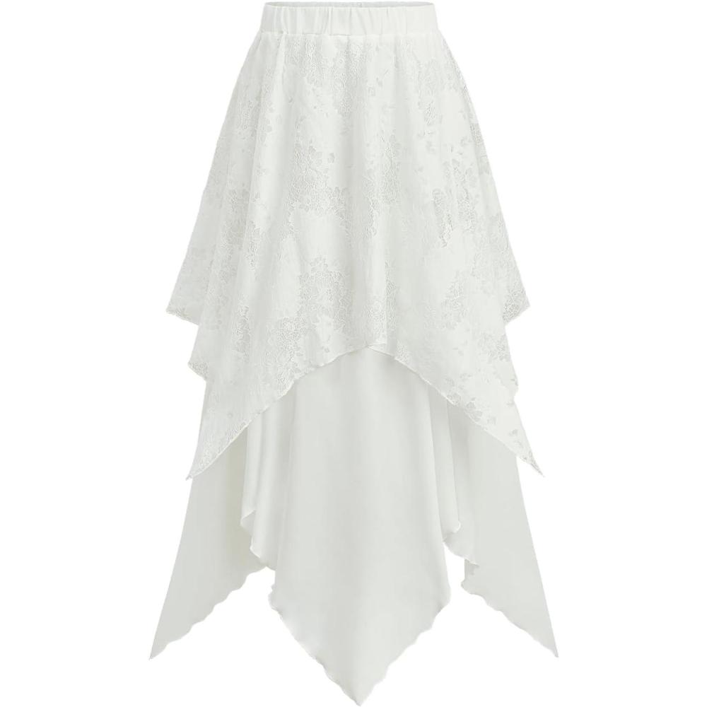 image:imageROSE GAL Womens Plus Size Gothic Lace Overlay Layered Handkerchief Hem Flowy Maxi SkirtWhite