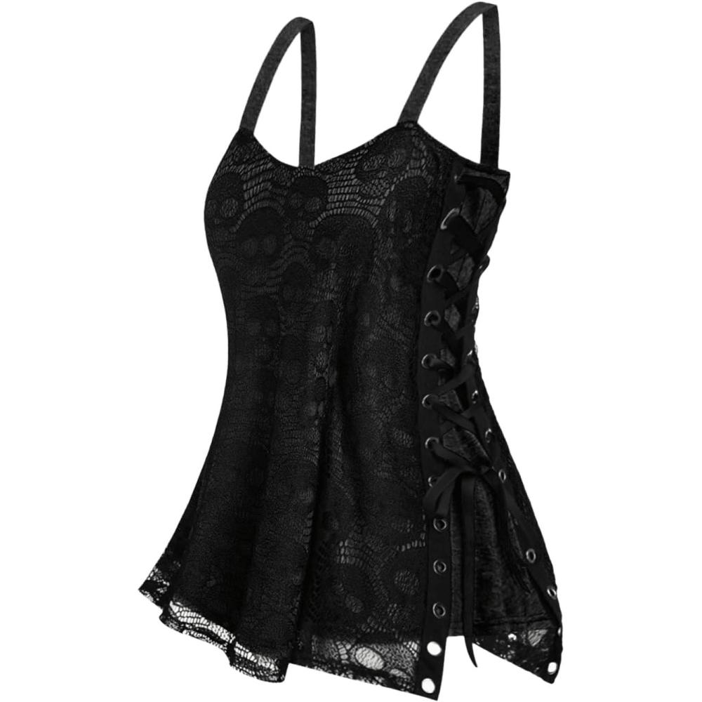 image:imageROSE GAL Womens Plus Size Gothic Skull Lace Overlay Sleeveless Strap Tank TopBlack