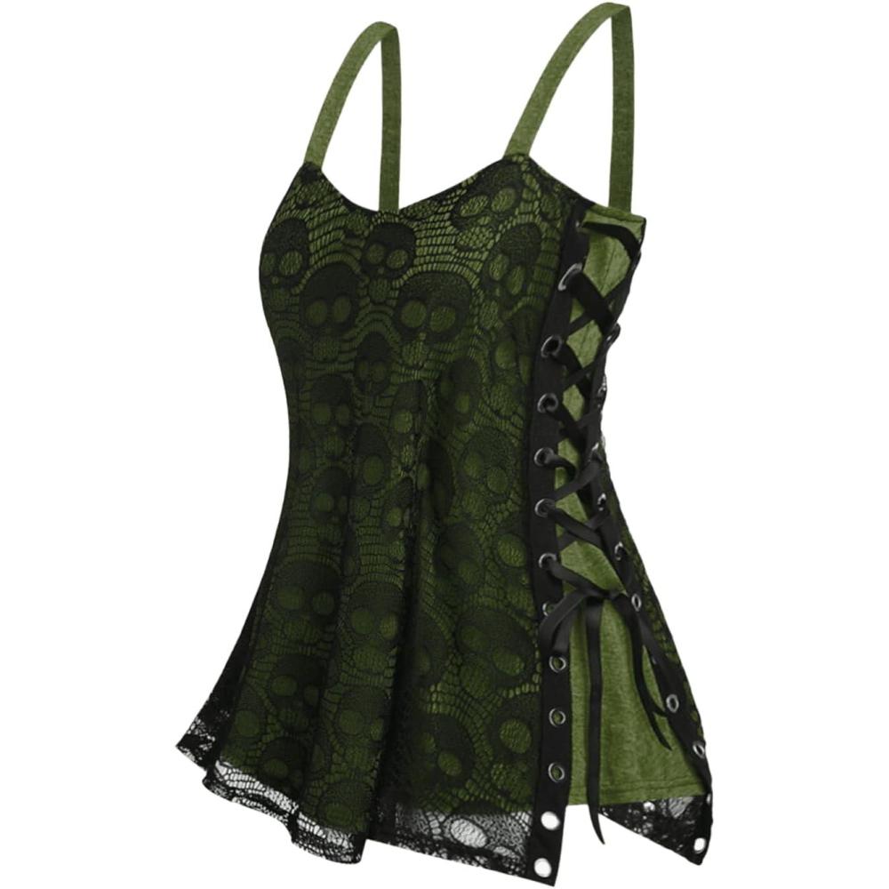 image:imageROSE GAL Womens Plus Size Gothic Skull Lace Overlay Sleeveless Strap Tank TopGreen