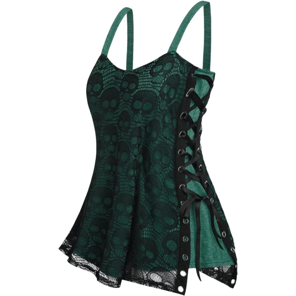 image:imageROSE GAL Womens Plus Size Gothic Skull Lace Overlay Sleeveless Strap Tank TopGreen1