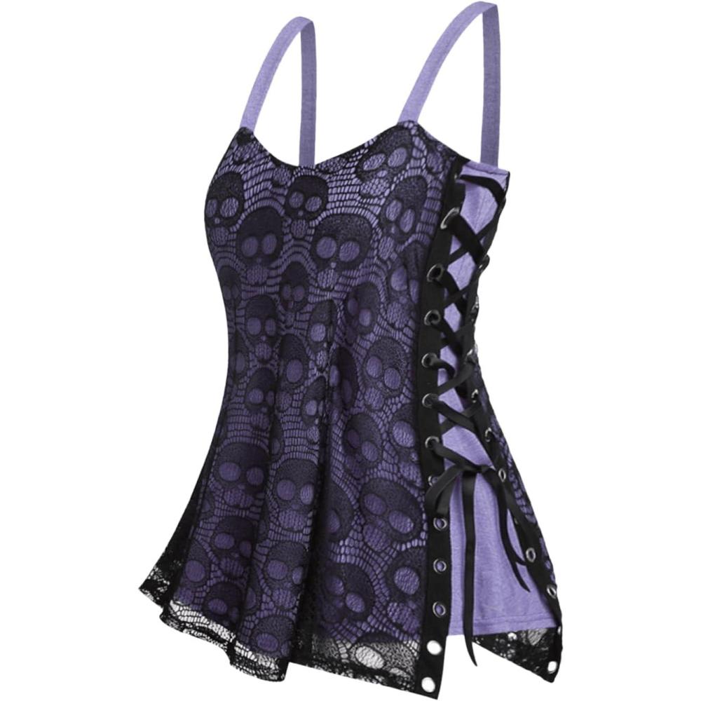 image:imageROSE GAL Womens Plus Size Gothic Skull Lace Overlay Sleeveless Strap Tank TopPurple