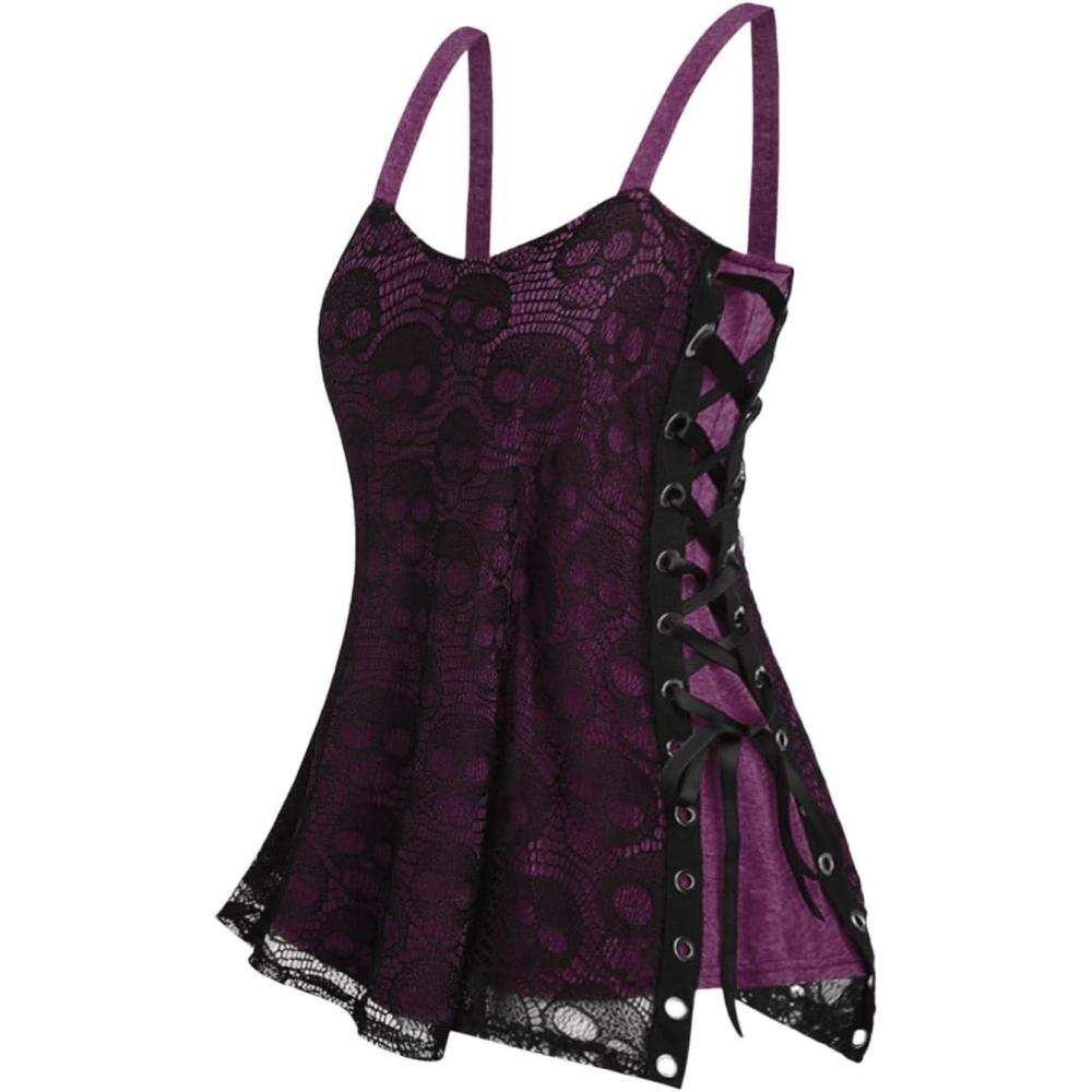 image:imageROSE GAL Womens Plus Size Gothic Skull Lace Overlay Sleeveless Strap Tank TopPurple1