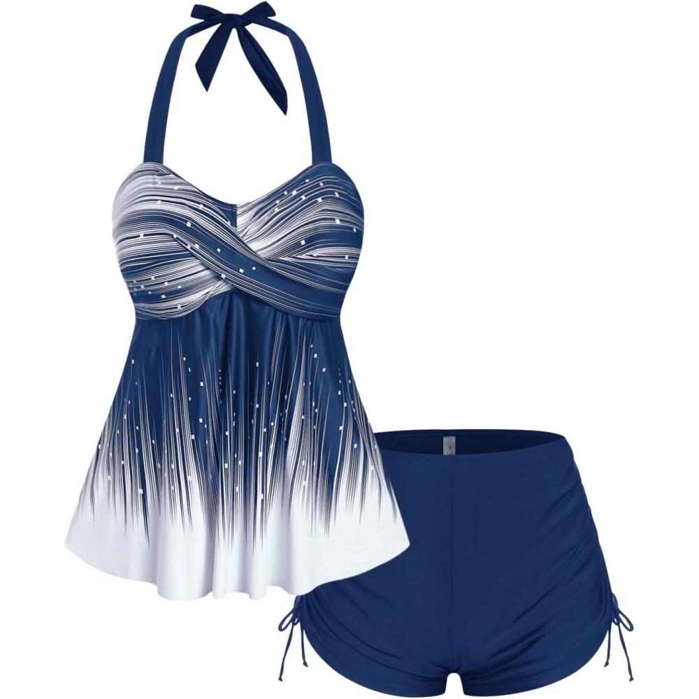 image:imageROSE GAL Womens Plus Size Halter Backless Empire Waist Modest Boyshorts Tankini Swimsuit SetBlue1