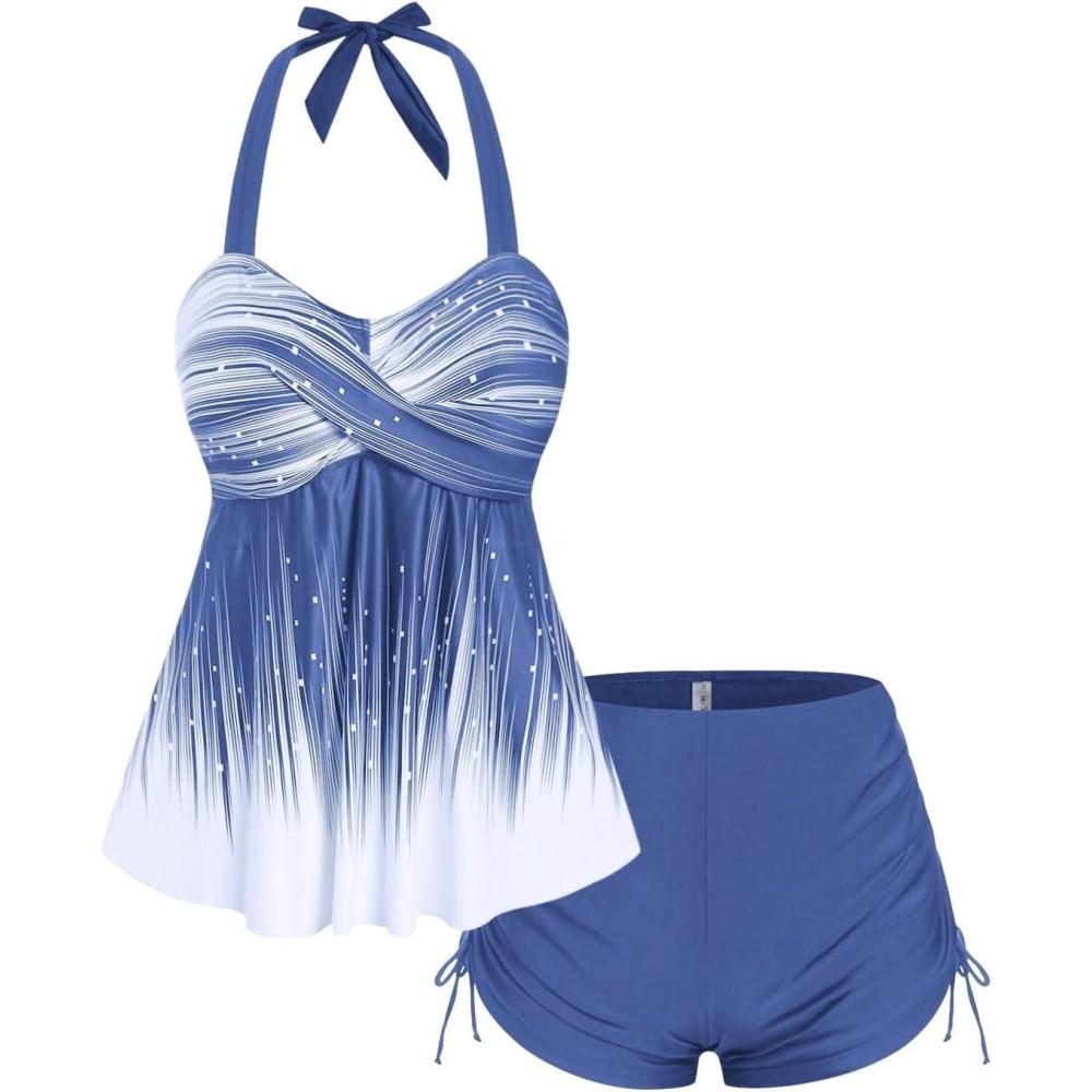image:imageROSE GAL Womens Plus Size Halter Backless Empire Waist Modest Boyshorts Tankini Swimsuit SetBlue3